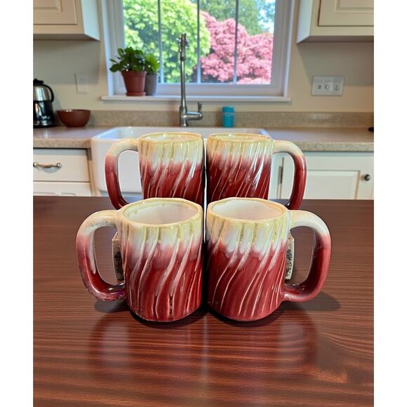 Rodolfo Padilla Drip Glaze Stoneware Mugs-Set of 4-Wood Stand-Mexico-Pottery-Red - Picture 3 of 11